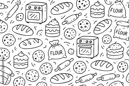 Hand-drawn baking pattern with bread, cakes, cookies, ovens, flour, and rolling pins. Vector doodle illustration