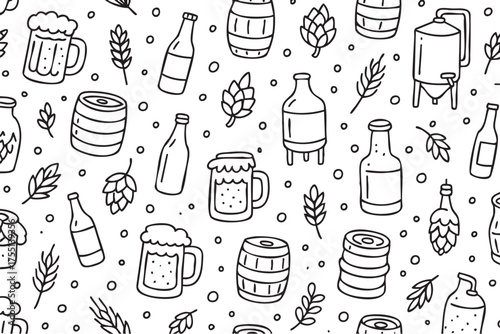 Hand-drawn beer pattern with barrels, mugs, and hops in black and white design. Vector doodle illustration