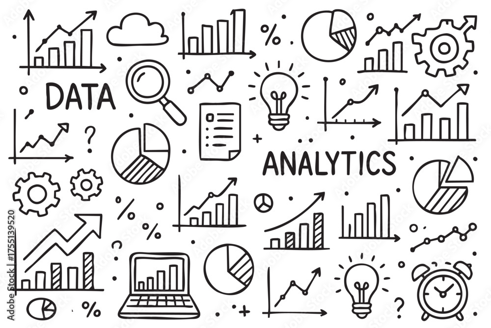 Naklejka premium Hand-drawn data analytics icons with charts, graphs, and magnifying glass. Vector doodle illustration