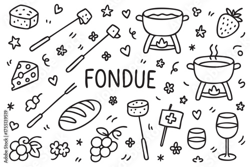Hand-drawn fondue elements with cheese, bread, berries, and wine. Vector doodle illustration