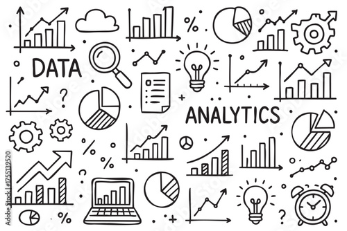 Hand-drawn data analytics icons with charts, graphs, and magnifying glass. Vector doodle illustration