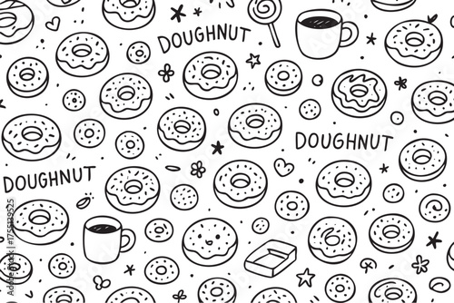 Hand-drawn doughnut pattern with cups, lollipops, and stars illustrations. Vector doodle illustration