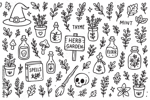 Hand-drawn herb garden with witchy elements and mystical bottles. Vector doodle illustration
