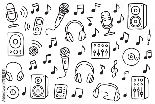 Hand-drawn musical equipment and symbols with microphones and headphones. Vector doodle illustration