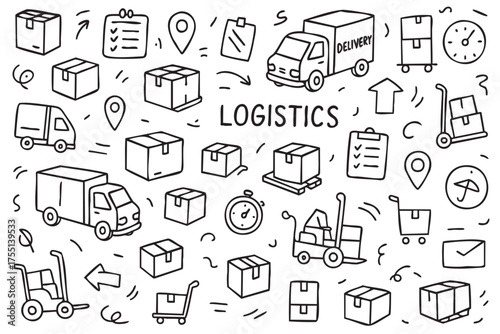 Hand-drawn logistics icons: trucks, boxes, and delivery symbols for shipping and supply chain. Vector doodle illustration