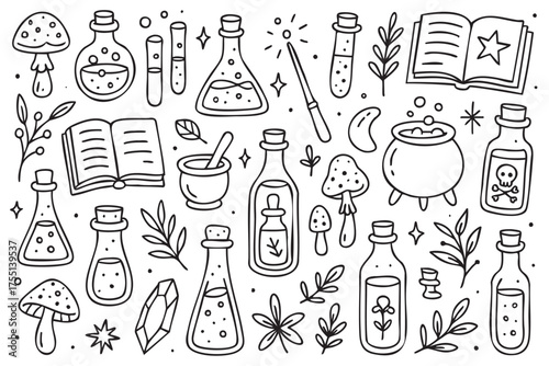 Hand-drawn outline of magical potions, mushrooms, and alchemy tools. Vector doodle illustration