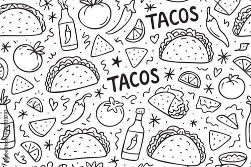 Hand-drawn taco and chili pepper pattern with tomato and bottle. Vector doodle illustration