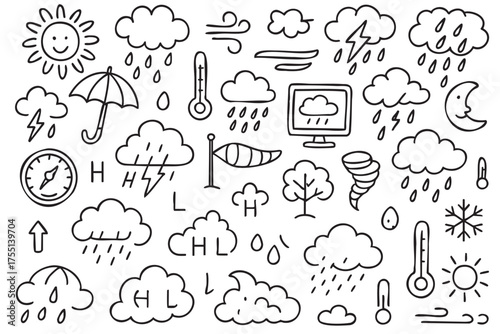 Hand-drawn weather icons set with clouds, sun, wind, rain, and tornado symbols. Vector doodle illustration