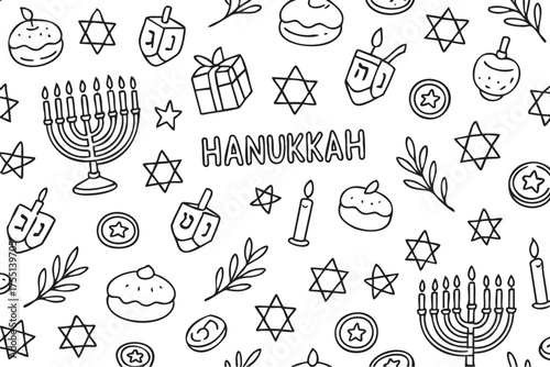 Hanukkah symbols pattern: menorah, dreidels, stars of david, candles, and gifts. Vector doodle illustration