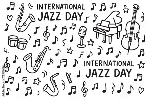 International jazz day celebration with musical instruments and notes. Vector doodle illustration