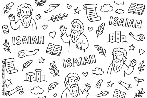Isaiah biblical pattern with scrolls, books, and prophet illustrations. Vector doodle illustration
