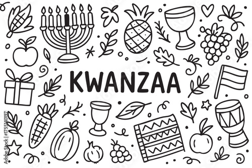Kwanzaa celebration symbols and decorations: menorah, unity cup, fruits, and cultural traditions. Vector doodle illustration