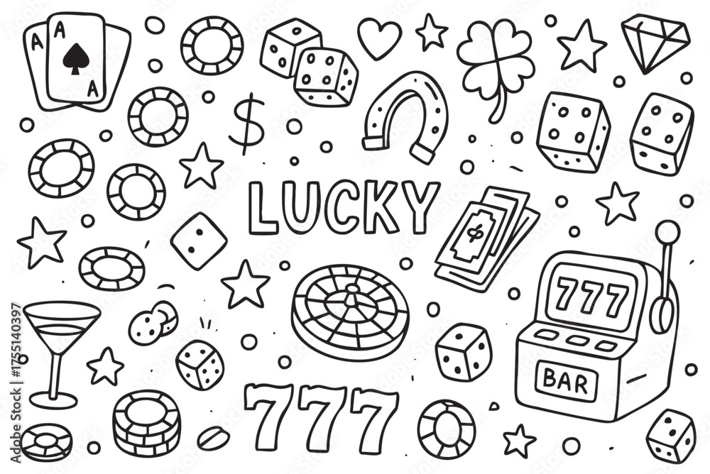 Fototapeta premium Lucky casino elements and symbols with dice, chips, and slot machine. Vector doodle illustration