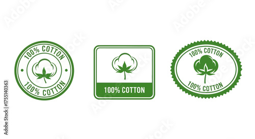 Set of Green Rubber Stamps Indicating 100 Percent Cotton Fabric Content With Cotton Plant Illustration