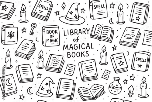 Library of magical books with spells and potions: enchanted witchcraft elements. Vector doodle illustration