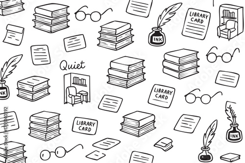 Library pattern with books, glasses, ink, and quills in black and white line art. Vector doodle illustration