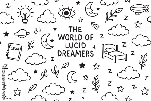 Lucid dreamers world: clouds, moons, stars, and more in a whimsical pattern. Vector doodle illustration