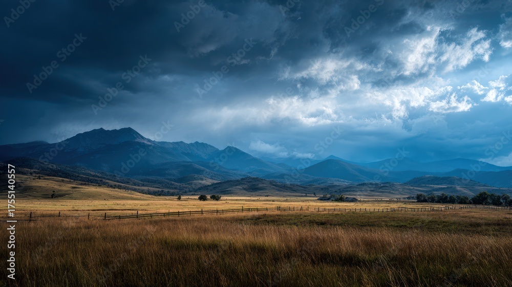 Fototapeta premium Wide landscape showing dark skies over grassy plains and mountains