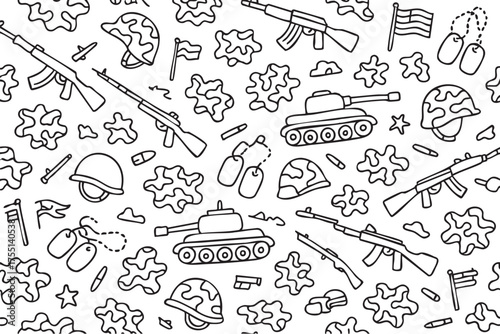 Military-themed pattern: tanks, helmets, flags, rifles, and camouflage elements. Vector doodle illustration