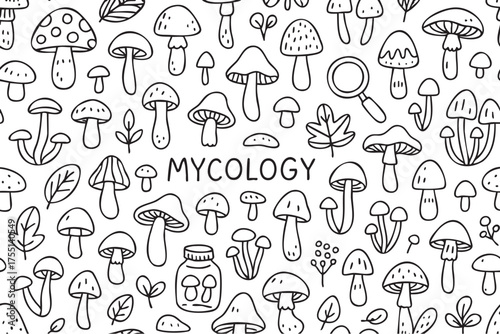 Monochrome pattern of various mushroom outlines with mycology text. Vector doodle illustration