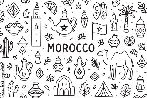 Moroccan culture symbols: camel, tea pot, lanterns, cactus, and traditional patterns. Vector doodle illustration