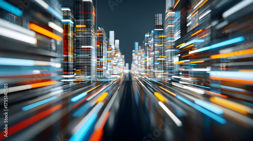 Abstract futuristic cityscape features vibrant motion-blurred light streaks, symbolizing high-speed data flow technological advancement.