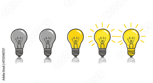 Illustrating the concept of innovation and creativity with a row of light bulbs showing a progression from darkness to bright illumination and ideas sparking