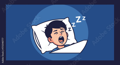 A young boy sleeping peacefully in his bed with his mouth open and zzzs indicating he is dreaming