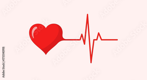 The Human Heartbeat A Vital Sign of Life Represented by a Red Heart and a Red Cardiogram Wave on a Pale Pink Background