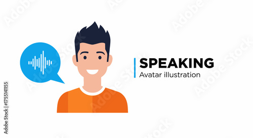 Illustration of a man speaking with a sound wave icon in a speech bubble representing communication and voice technology