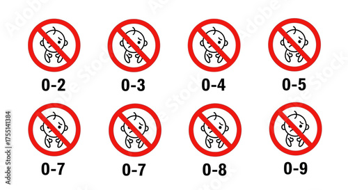 Age Restriction Icons for Products Not Suitable for Young Children Indicating Specific Age Brackets for Safety