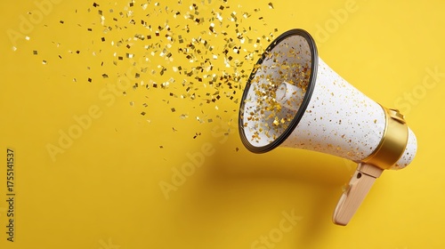 Announce exciting news with this festive megaphone exploding with golden confetti against a vibrant yellow background, perfect for celebrations and promotions.