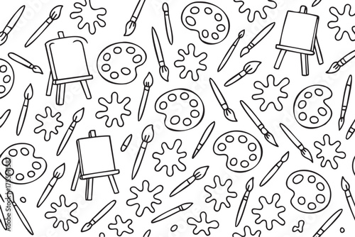 Seamless pattern with easels, paintbrushes, and palettes for art enthusiasts. Vector doodle illustration