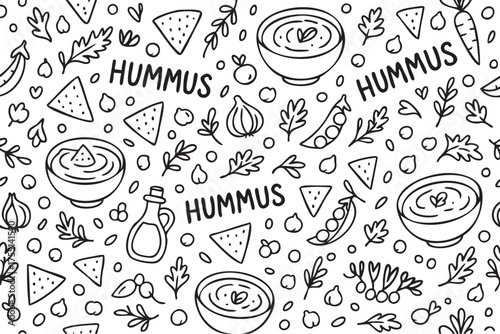 Seamless pattern with hummus bowls and mediterranean ingredients. Vector doodle illustration