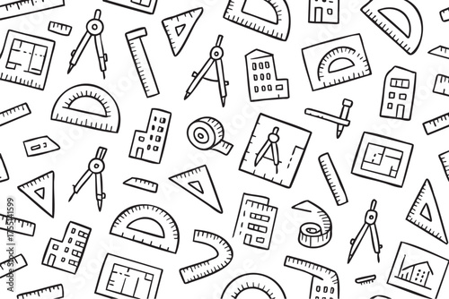 Seamless pattern with rulers, protractors, and compasses for geometric design. Vector doodle illustration