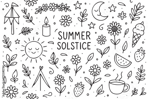 Summer solstice doodle with sun, flowers, and seasonal elements. Vector doodle illustration