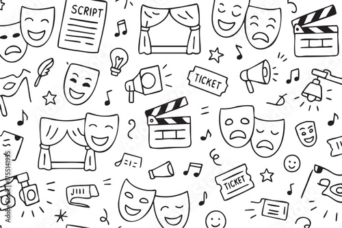 Theater and film doodle pattern with masks, megaphone, script, and tickets. Vector doodle illustration