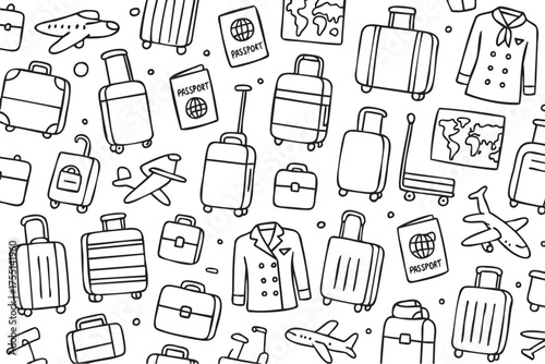 Travel essentials and adventure icons pattern with luggage, passports, and airplanes. Vector doodle illustration