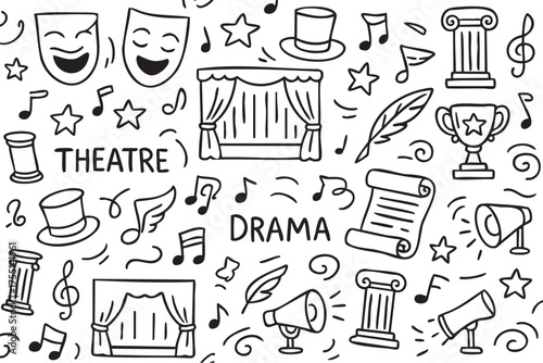 Theatre and drama icons: masks, curtains, music notes, stars, columns, and trophies doodle. Vector doodle illustration