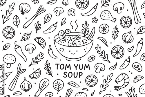 Tom yum soup doodle: spicy thai ingredients, herbs, vegetables, aromatics. Vector doodle illustration