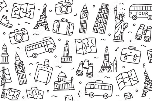 Travel doodles: landmarks, maps, and symbols of exploration. Vector doodle illustration