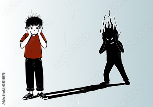 Young Man's Inner Turmoil: Frustration and Anxiety Manifested as Fiery Shadow