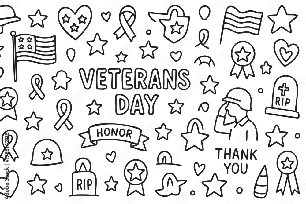 Fototapeta premium Veterans day celebration symbols including flags, ribbons, and memorials. Vector doodle illustration