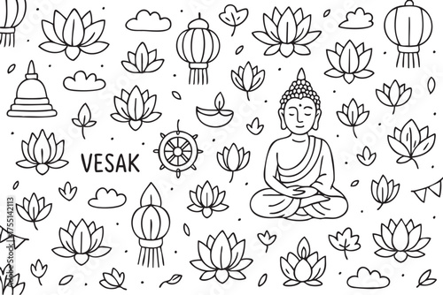 Vesak celebration pattern featuring buddha, lotus flowers, lanterns, and dharma wheel. Vector doodle illustration