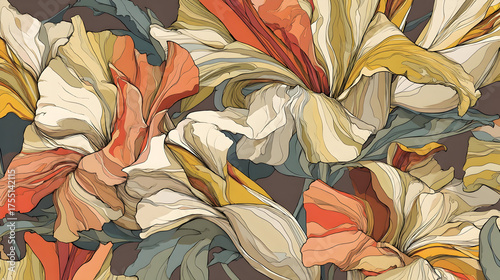 An elegant seamless pattern featuring stylized organic flower petals leaves warm, earthy tones delicate outlines, creating a sophisticated botanical background.