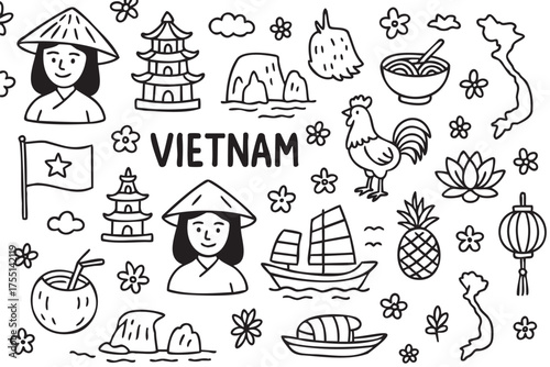 Vietnam travel icons: landmarks, culture, and cuisine in monochrome illustrations. Vector doodle illustration