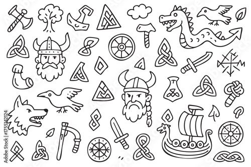 Viking norse symbol doodles: dragons, ships, wolves, swords, and runes. Vector doodle illustration