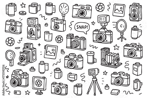 Vintage and modern cameras doodle with photography accessories and icons. Vector doodle illustration