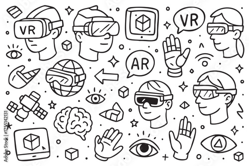 Virtual reality and augmented reality technology concept with diverse elements and characters. Vector doodle illustration