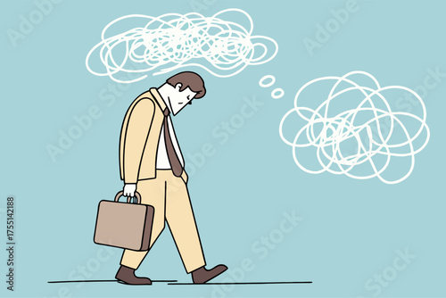 Dejected Businessman With Tangled Thoughts Cloud - Mental Health Concept